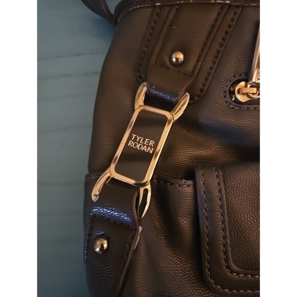 NWOT TYLER RODAN Chocolate Brown Purse, Black and Gold Detail Satchel Preowned - Picture 8 of 11